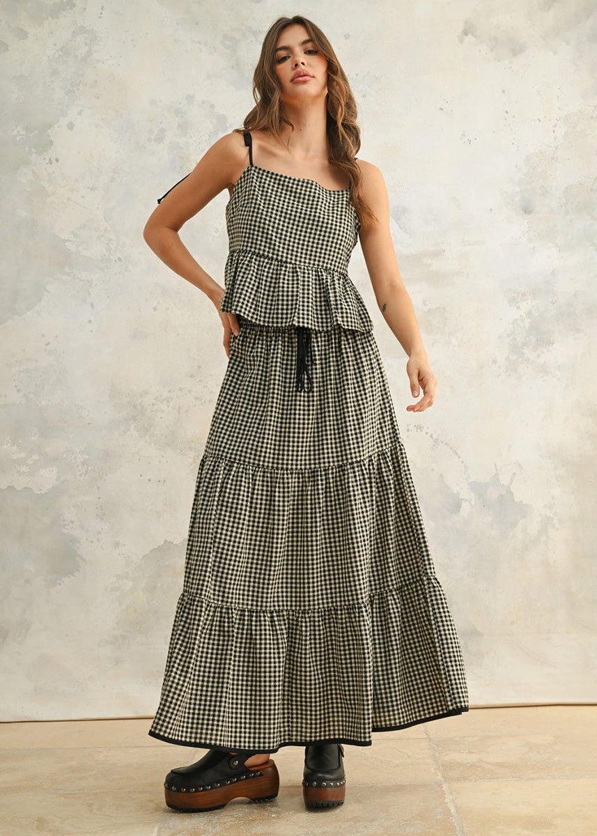 Helen Gingham Tiered Skirt - Black