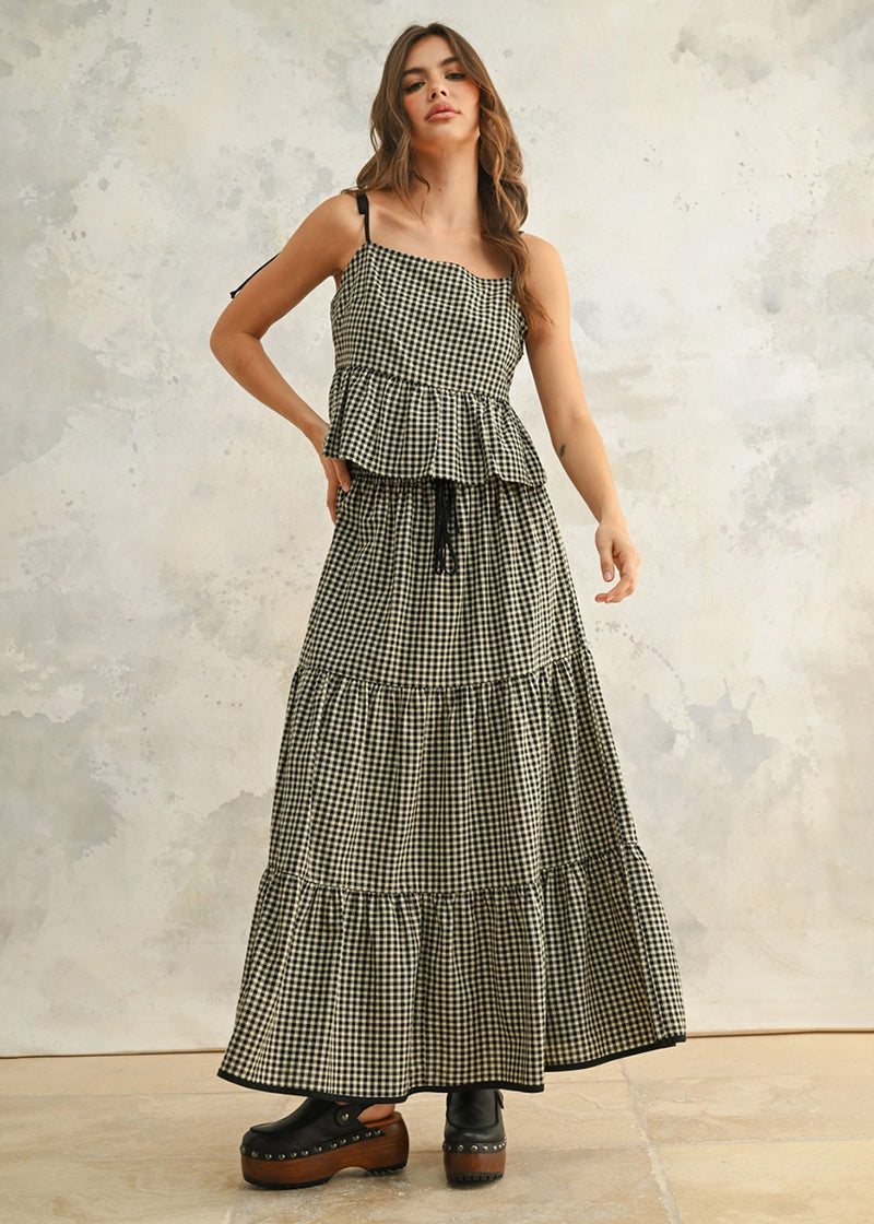 Helen Gingham Tiered Skirt - Black