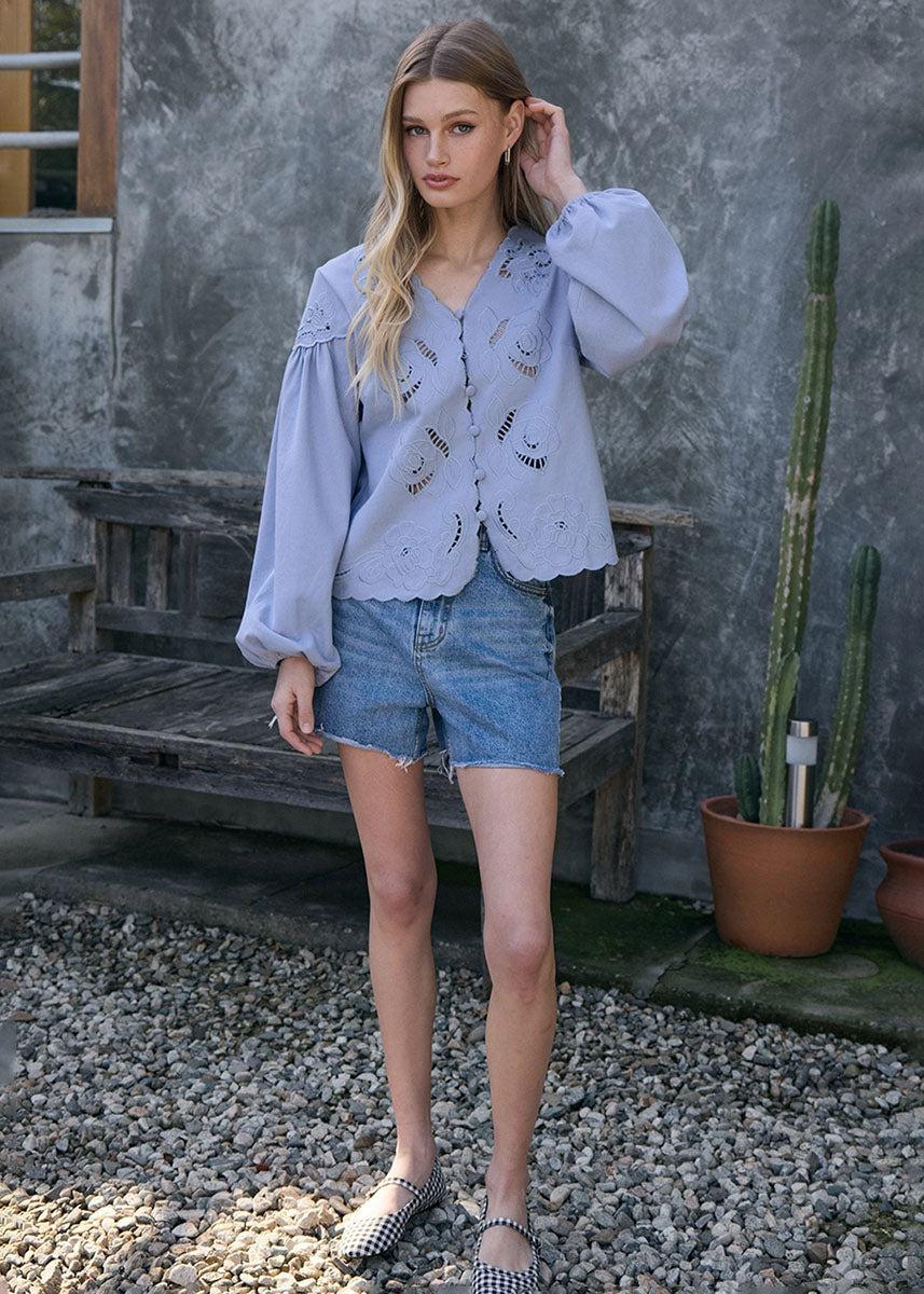Finley Scalloped Floral Cutout Top - Dusty Blue