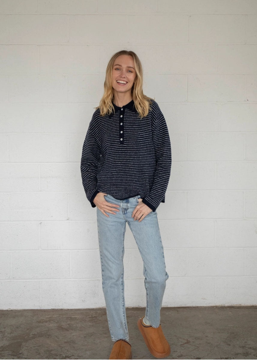 Jace Stripe Knit Polo Pullover - Navy