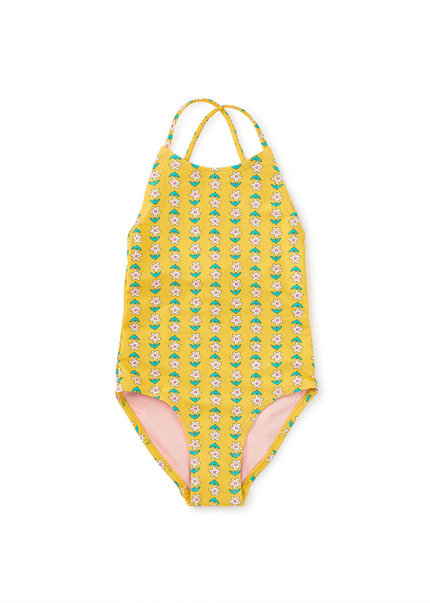 Cross-Back One-Piece Swimsuit - Vintage Floral Tile