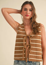 Ivy Striped Knit Tie-Front Vest - Mocha & White