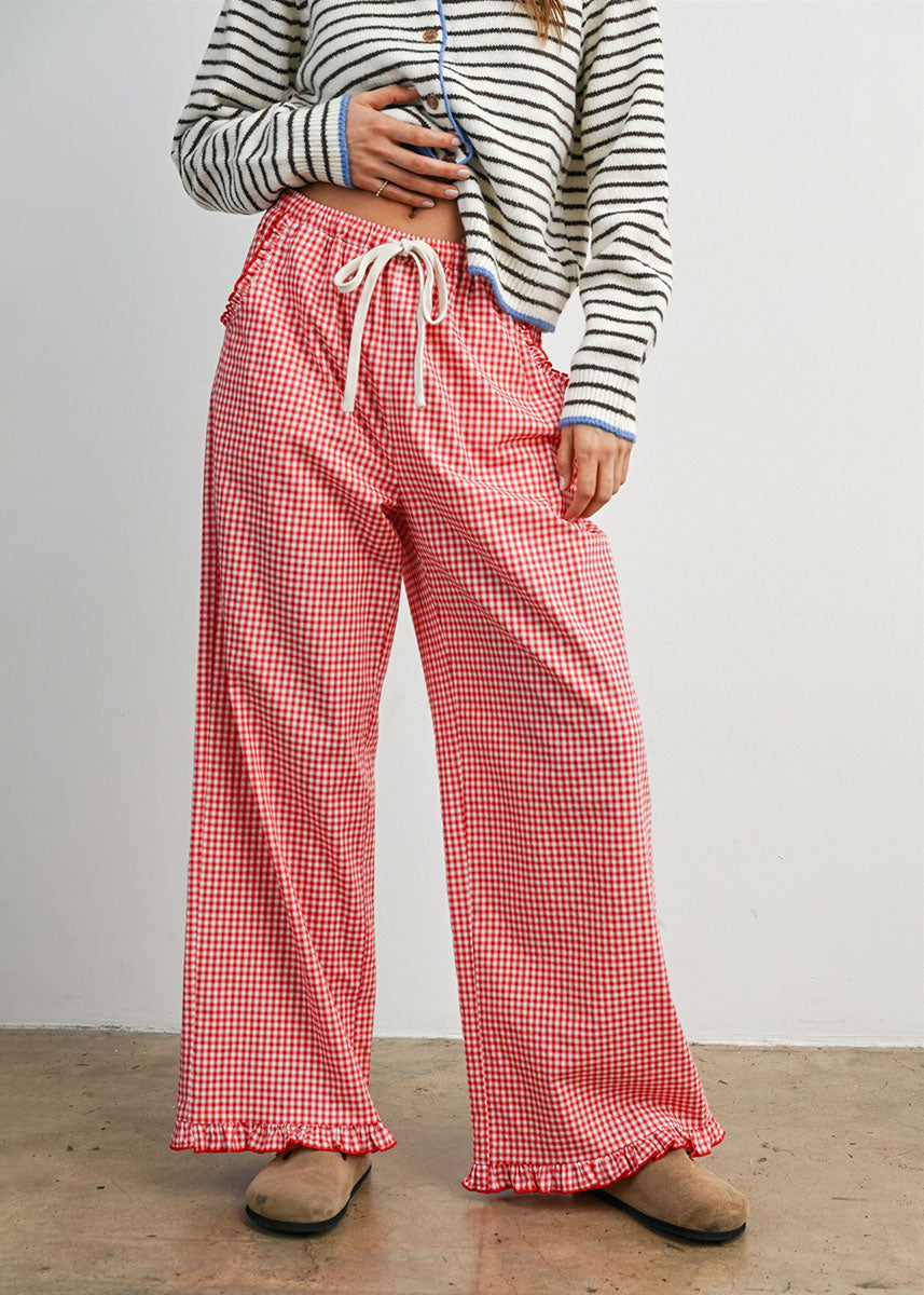 Poppy Striped Ruffle Hem Pant - Red & Ivory