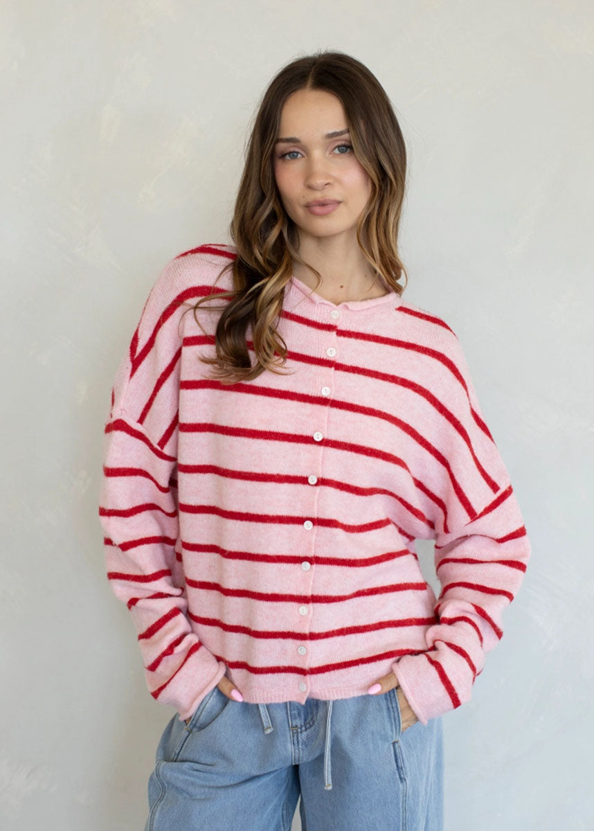 Piper Cabana Striped Cardigan - Light Pink