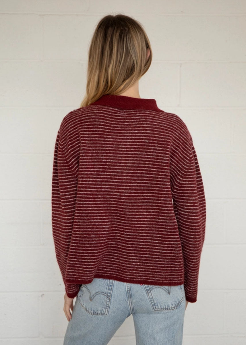 Jace Stripe Knit Polo Pullover - Wine