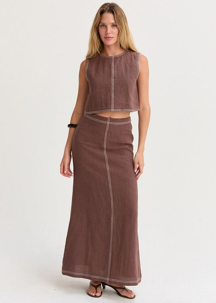 Kiara Embroidered Stitch Crop Top - Brown