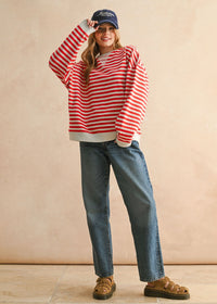 Freya Striped Knit Pullover - Red & Heather Grey
