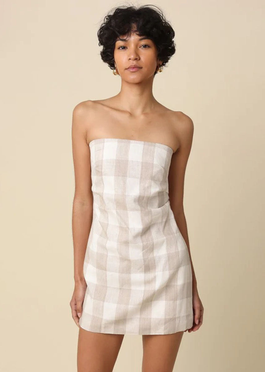 Gia Gingham Strapless Mini Dress - Khaki