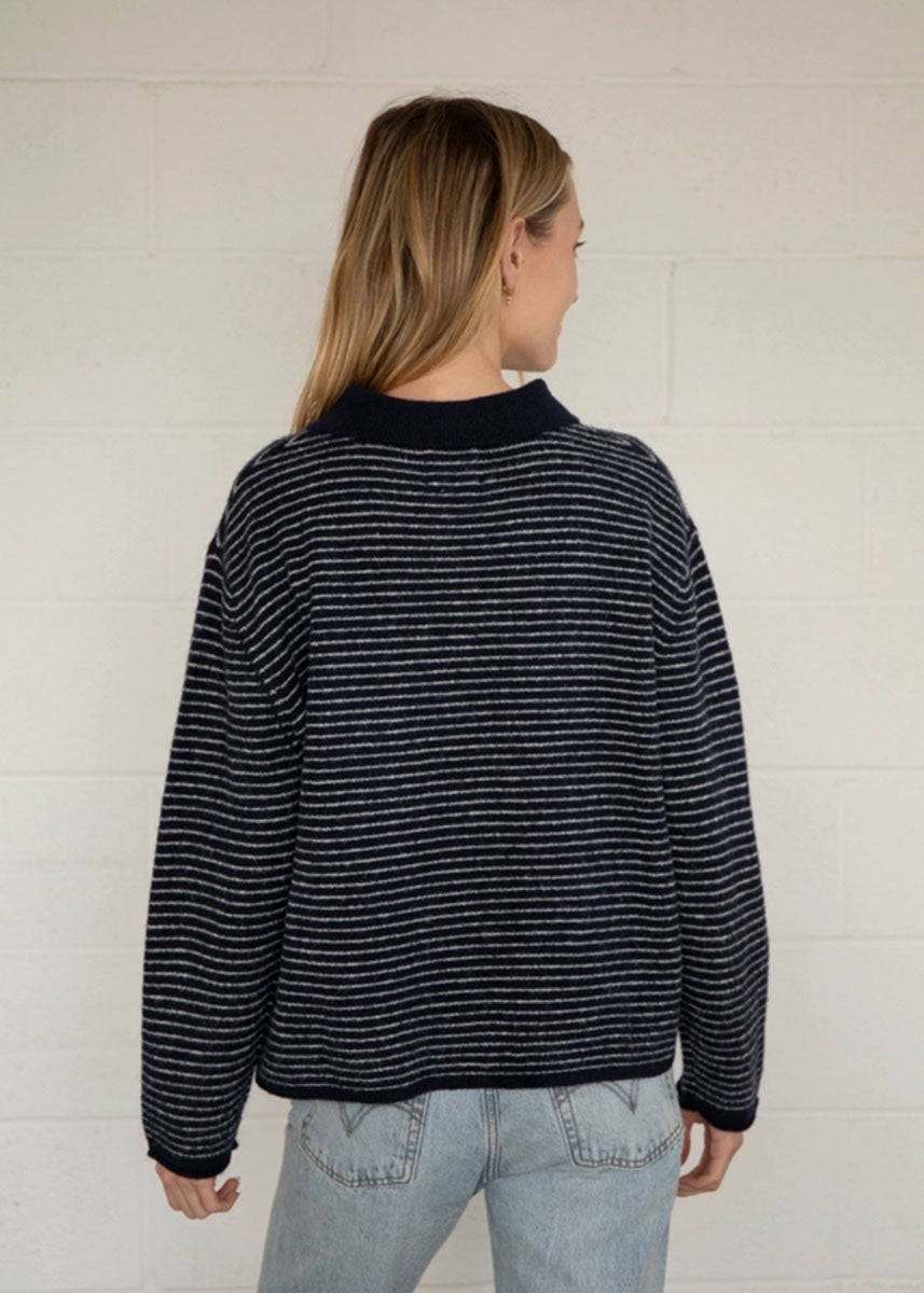 Jace Stripe Knit Polo Pullover - Navy