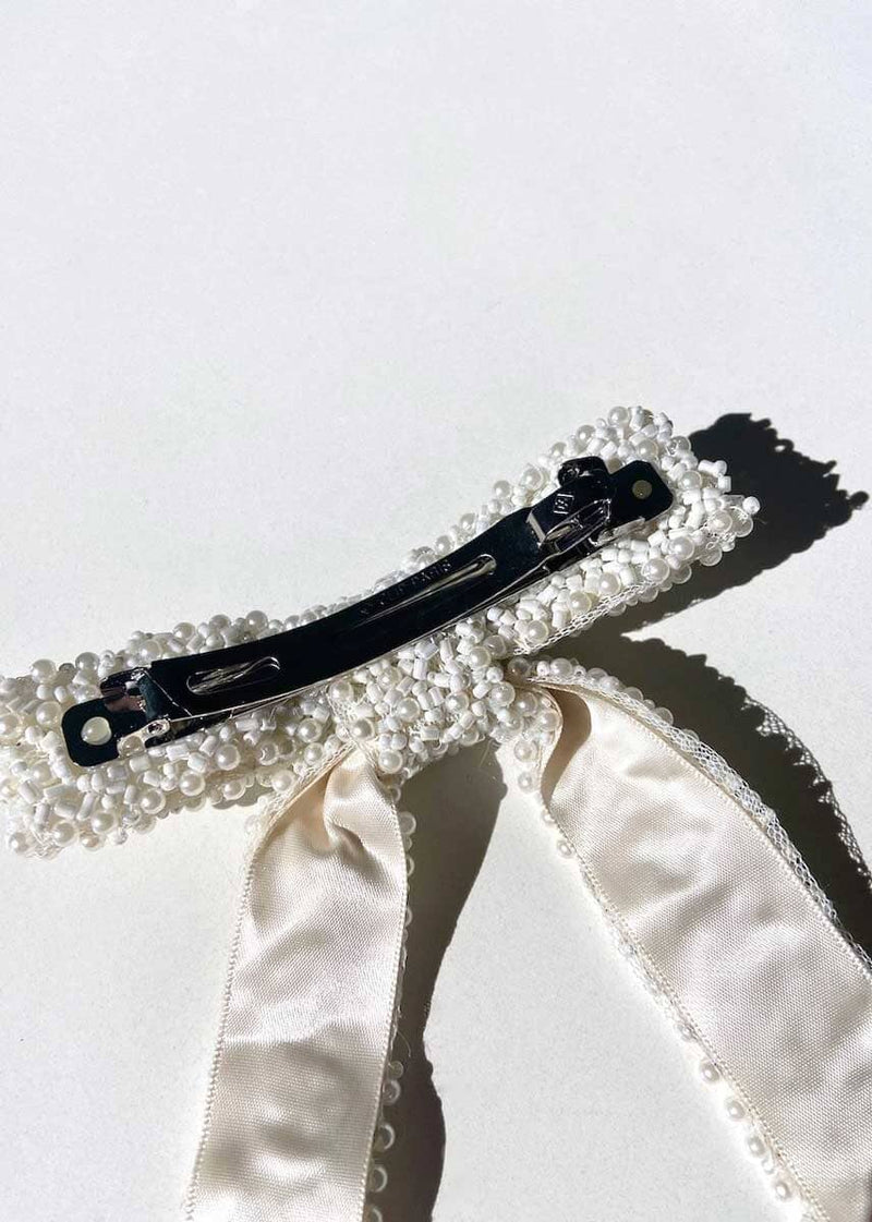Beaded Hair Bow Clip - White Pearl