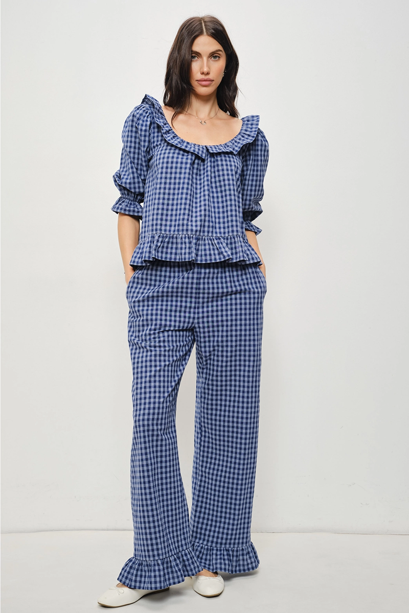 Barron Gingham Frill Top - Navy