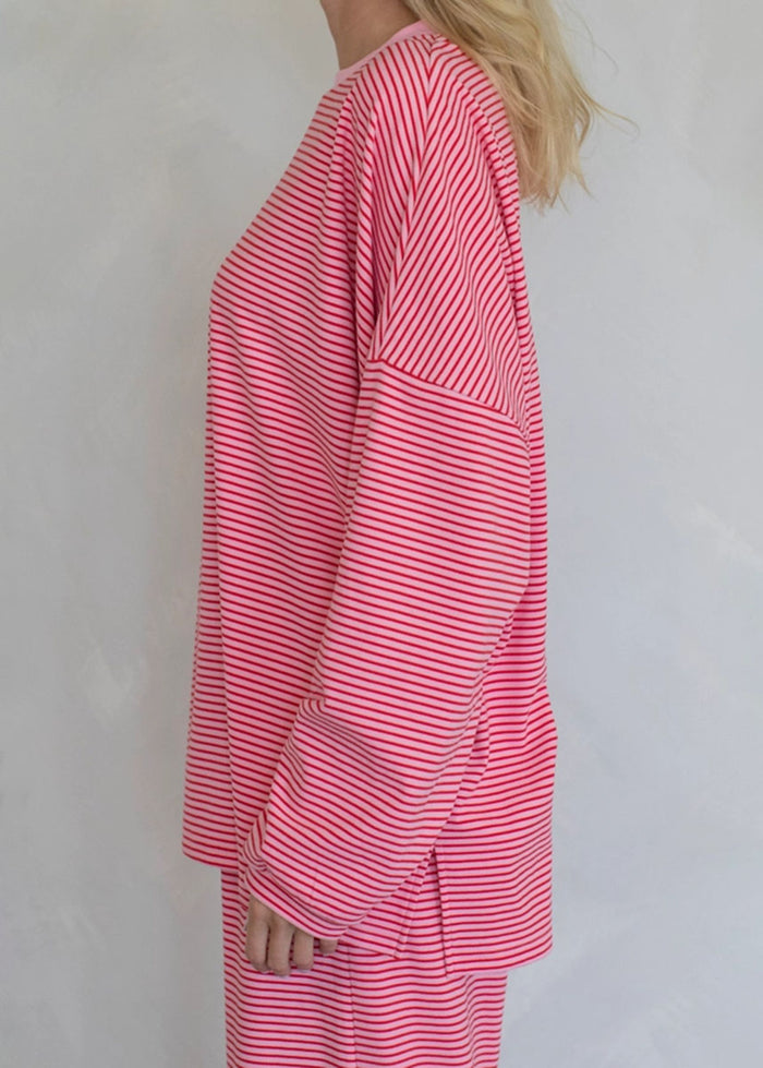 Levi Striped Fleece Oversized Top - Pink