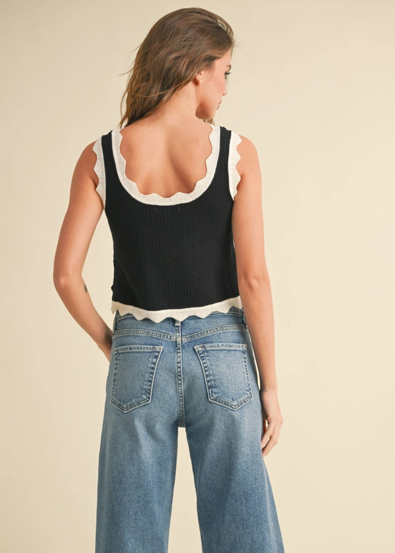 London Scallop Edge Knit Tank - Black & White