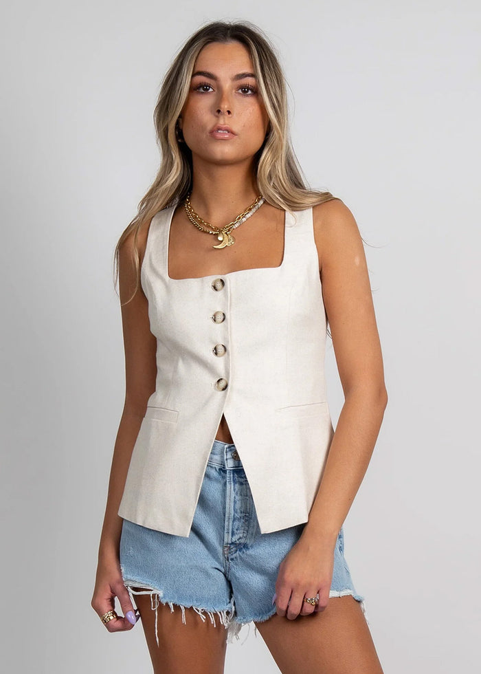Teagan Linen Vest - Beige