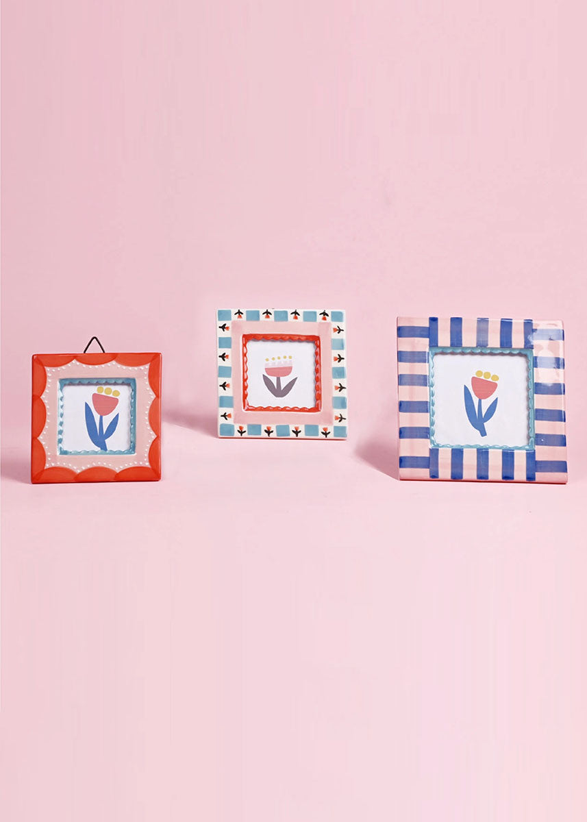 Square Ceramic Photo Frame - Red Flowers