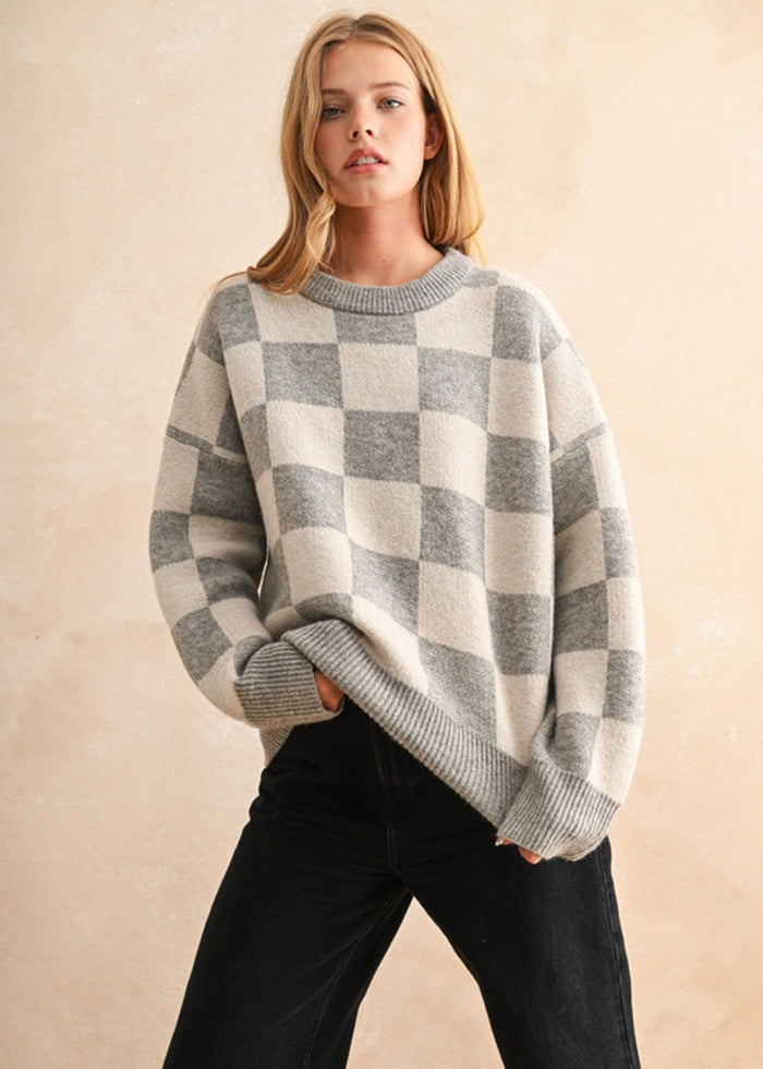 Twila Checker Sweater - Oatmeal Combo
