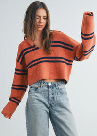 Simone Striped Crop Collar Sweater - Rust & Navy