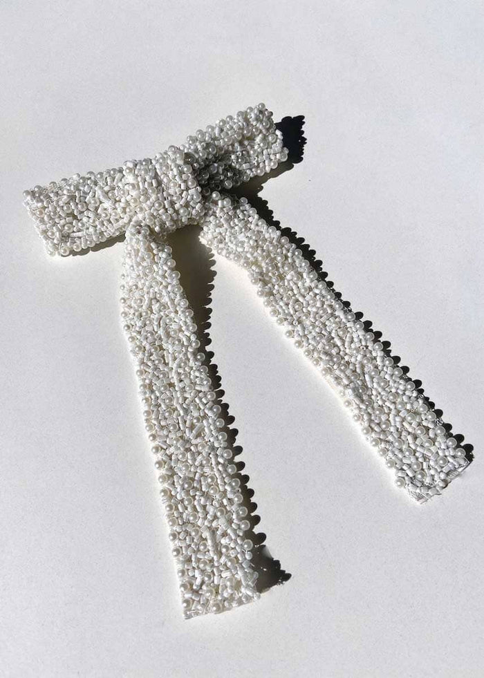 Beaded Hair Bow Clip - White Pearl