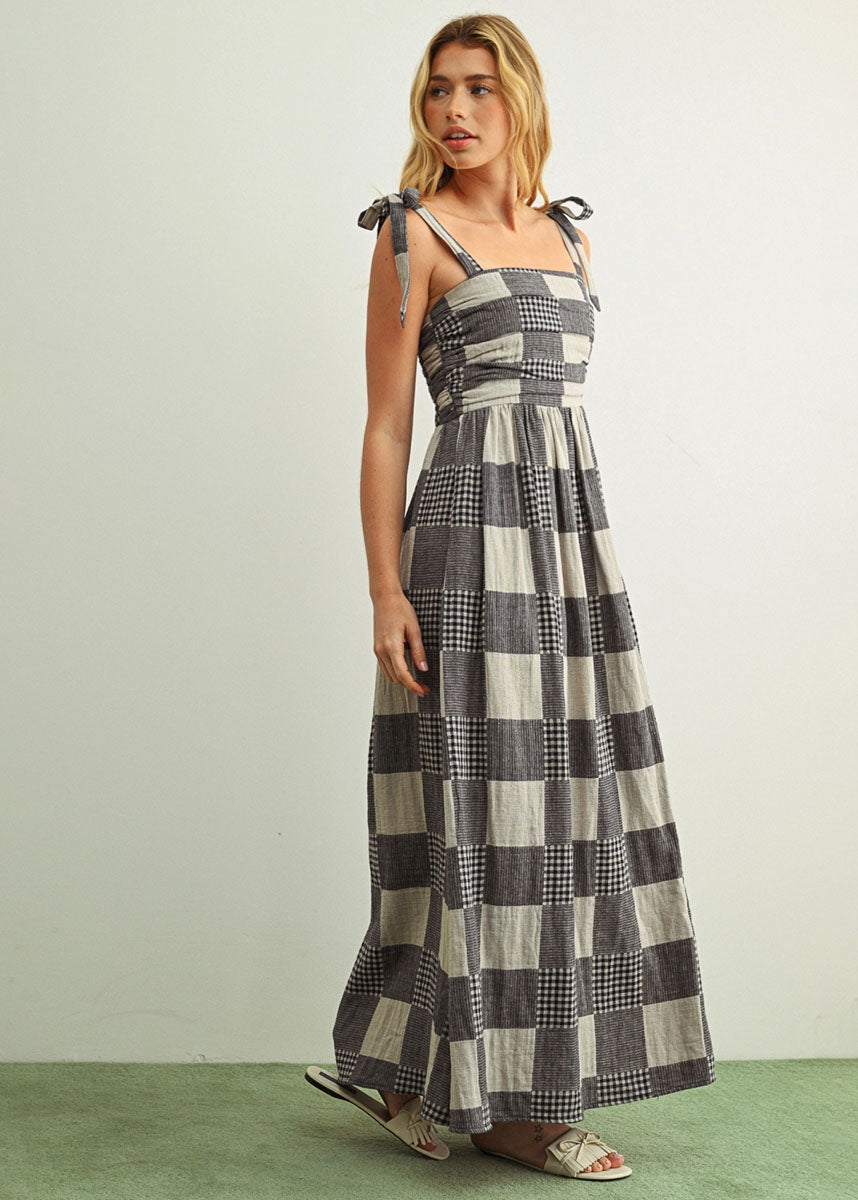 Nicole Gingham Patchwork Maxi Dress - Navy