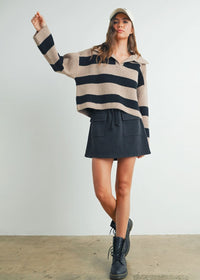 Beck Striped Wide Collar Sweater - Taupe & Black