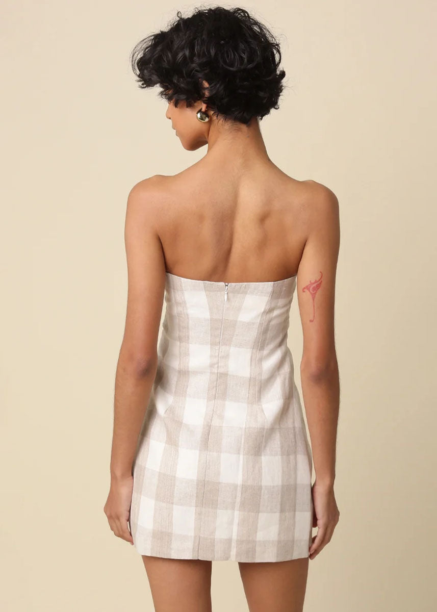 Gia Gingham Strapless Mini Dress - Khaki