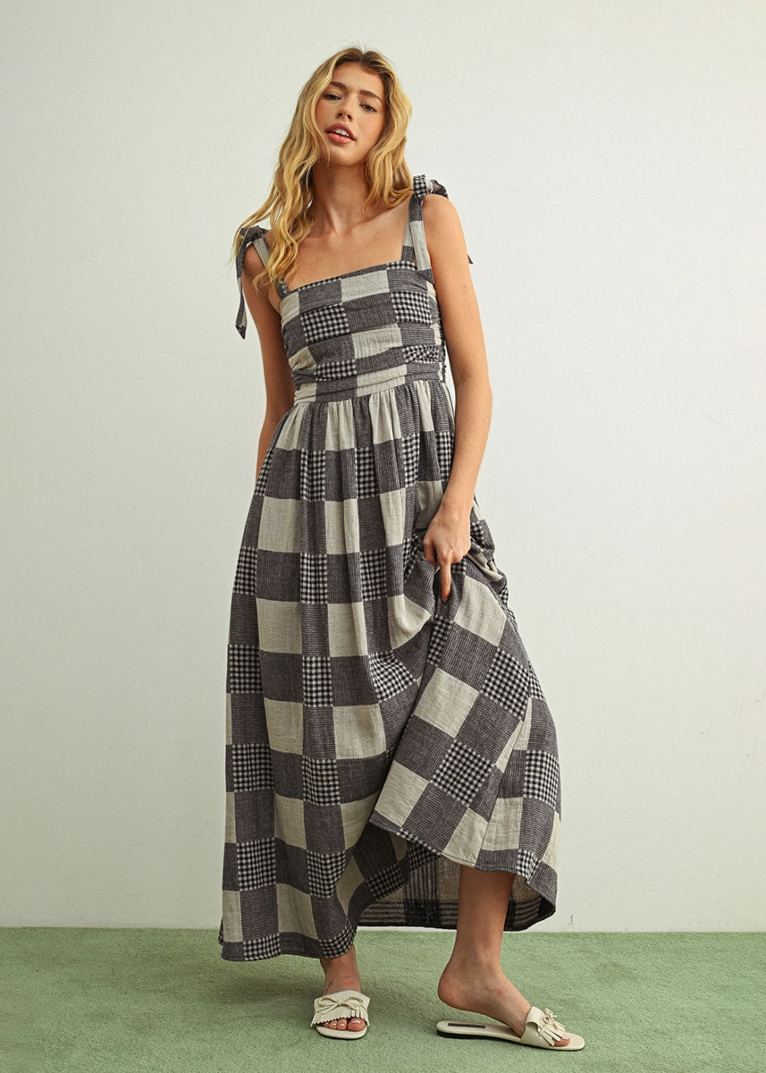 Nicole Gingham Patchwork Maxi Dress - Navy