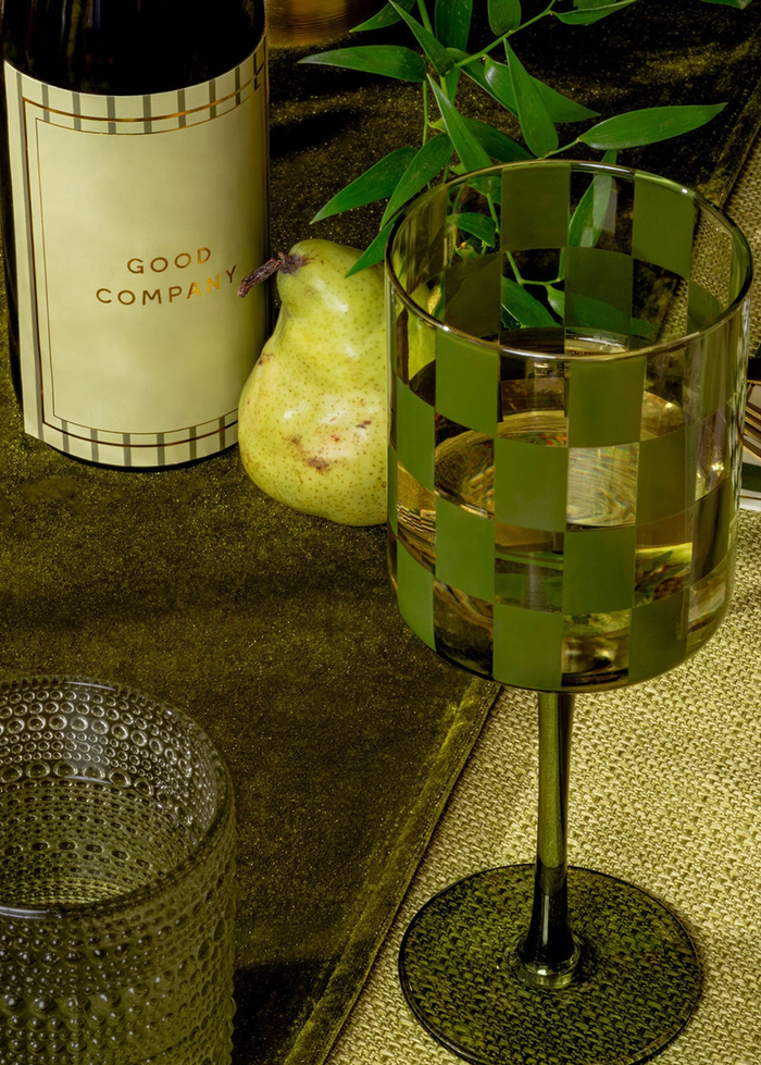 Checkered Wine Glass - Olive