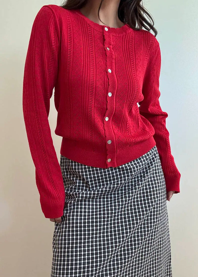 Noel Pointelle Knit Cardigan - Red
