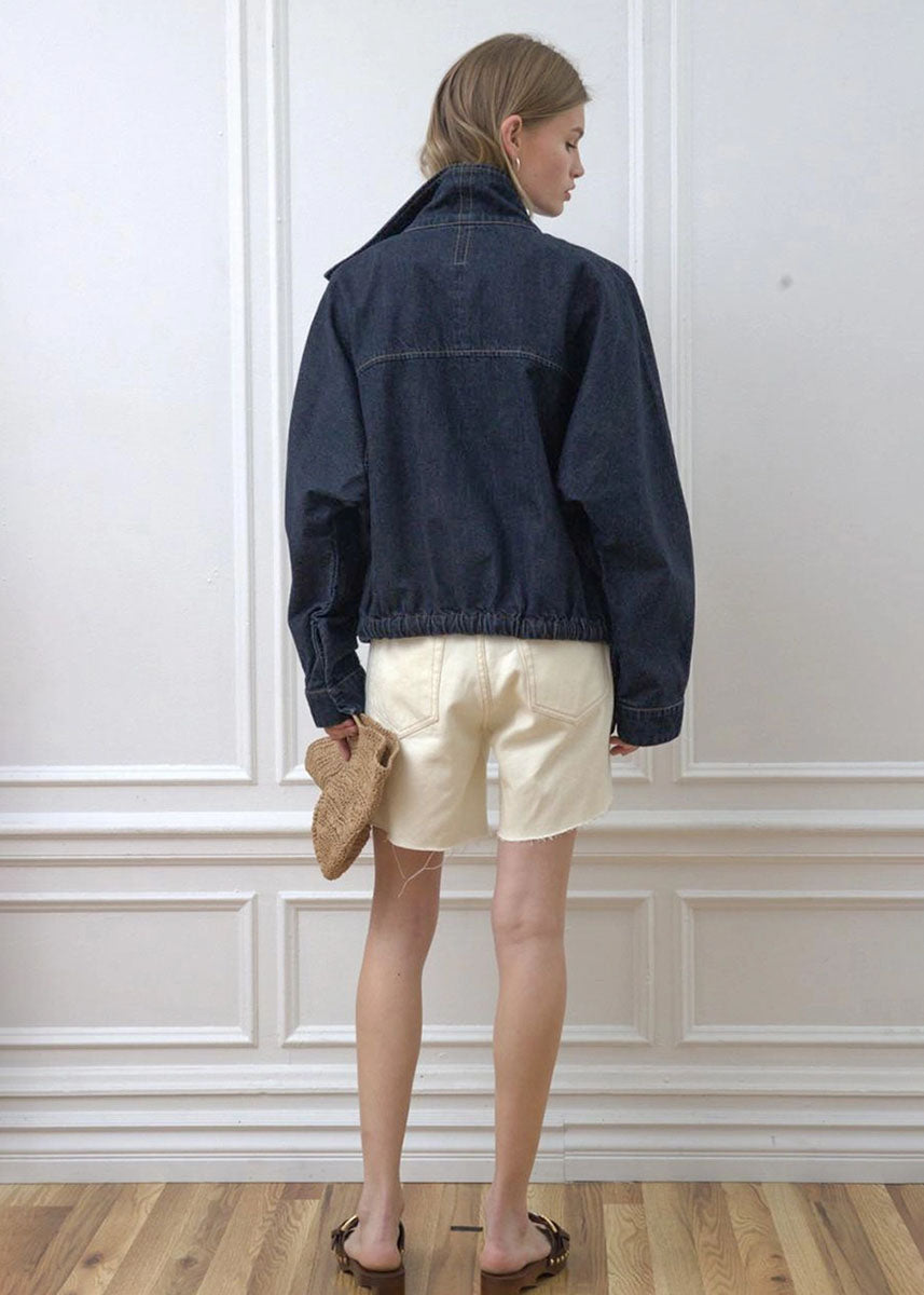 Hillary High Neck Drawstring Denim Jacket - Dark