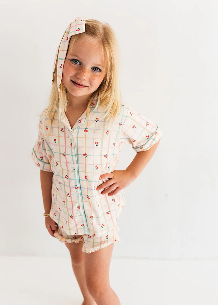 Cherry Grid Button-Up Shorts Set