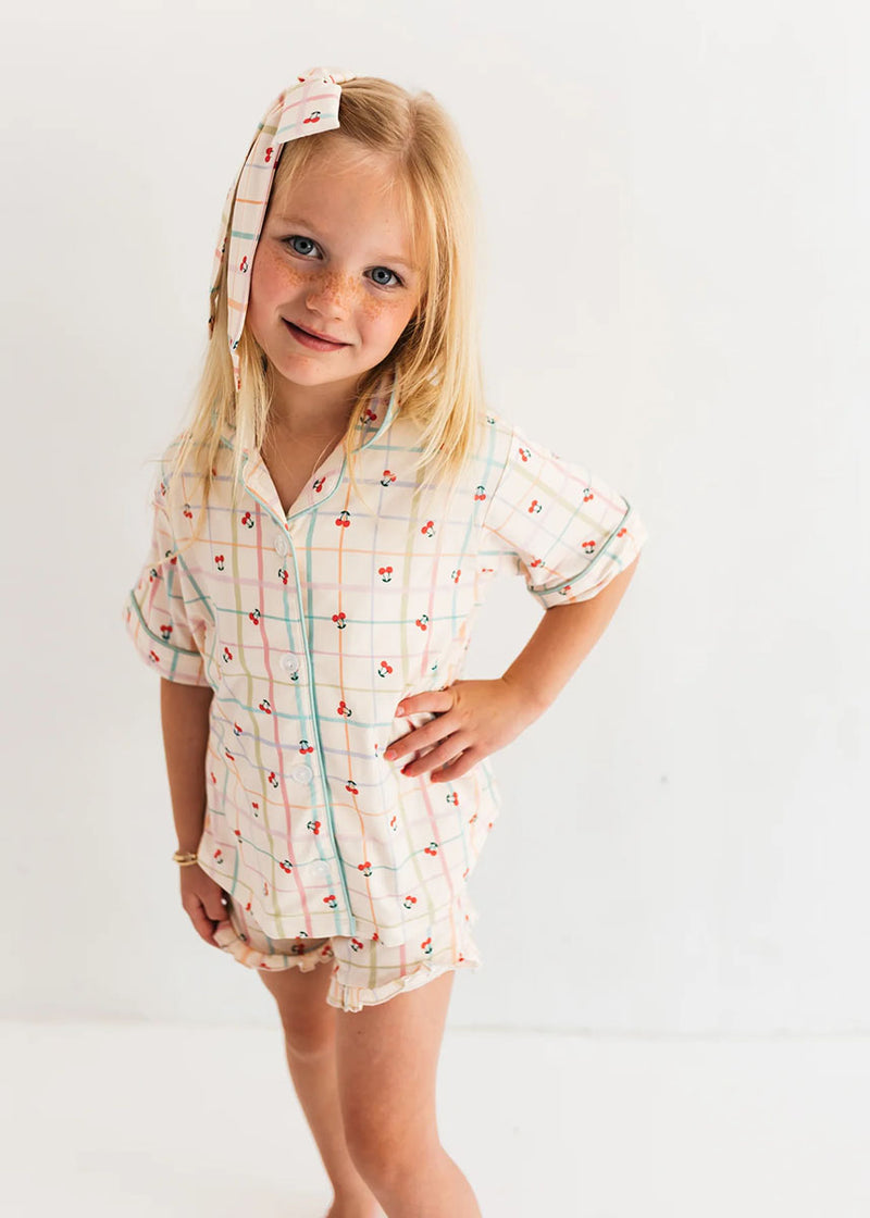 Cherry Grid Button-Up Shorts Set
