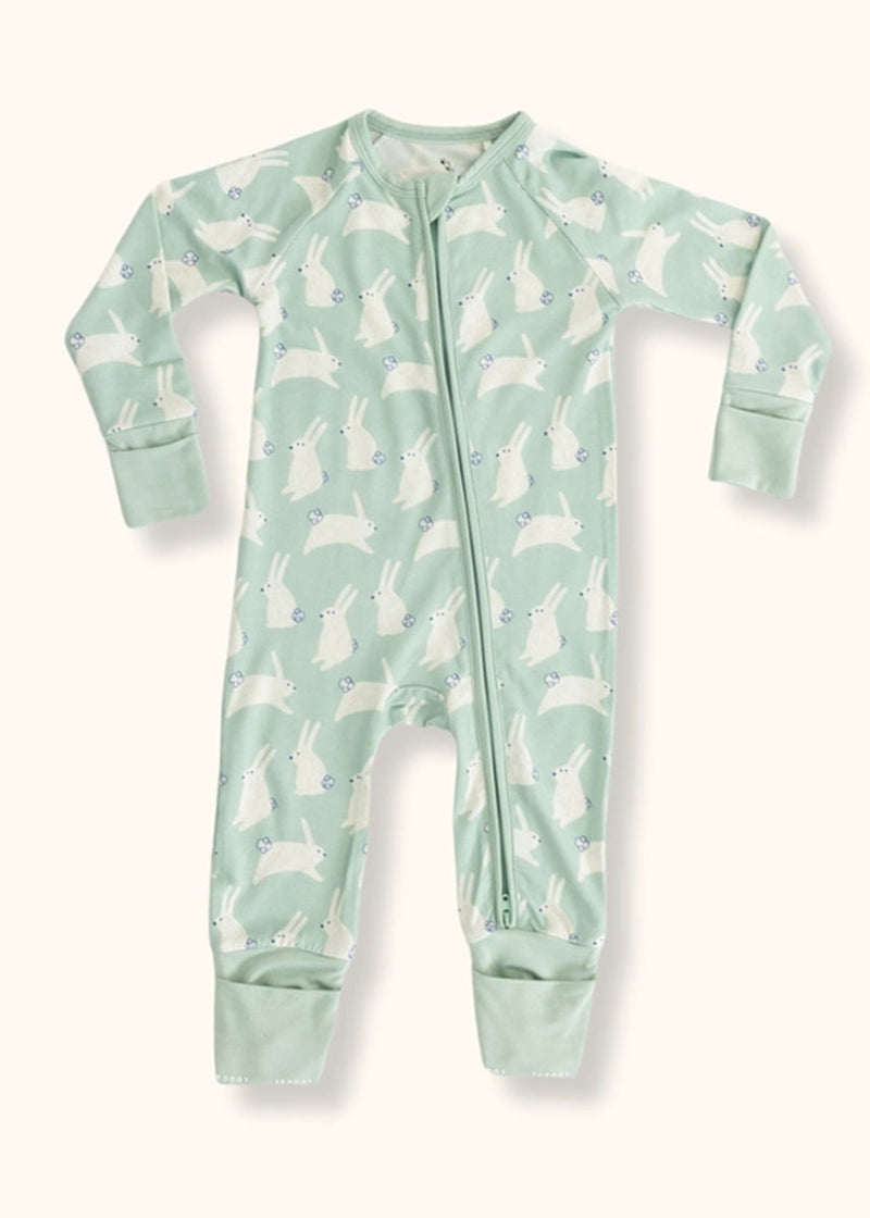 Mint Bunny Fold-Over Zipper Footie