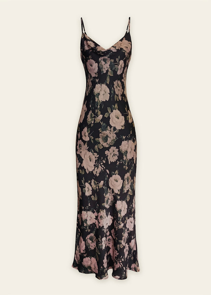 Ashen Rose Cowl Neck Midi Slip Dress - Midnight Garden