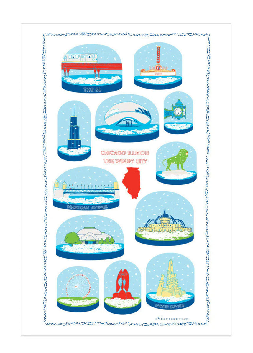 Chicago City Snow Globes Tea Towel