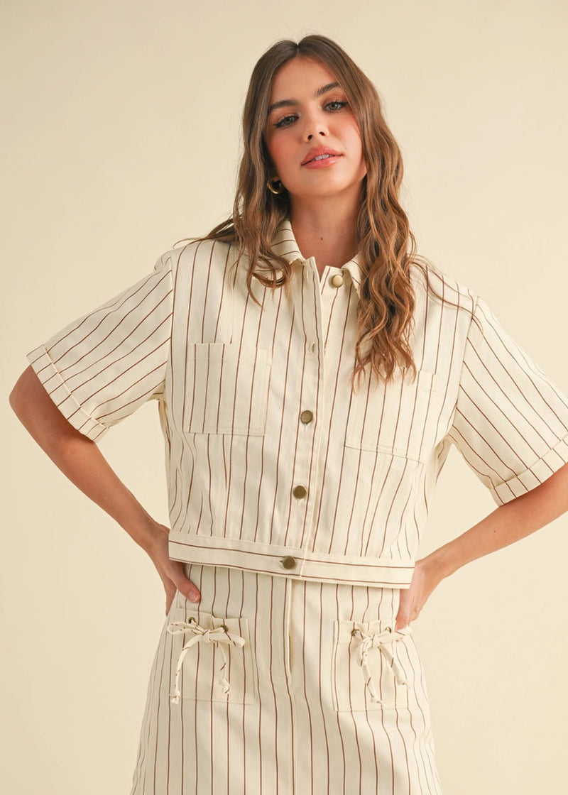 Maris Short Sleeve Striped Jacket - Toffee