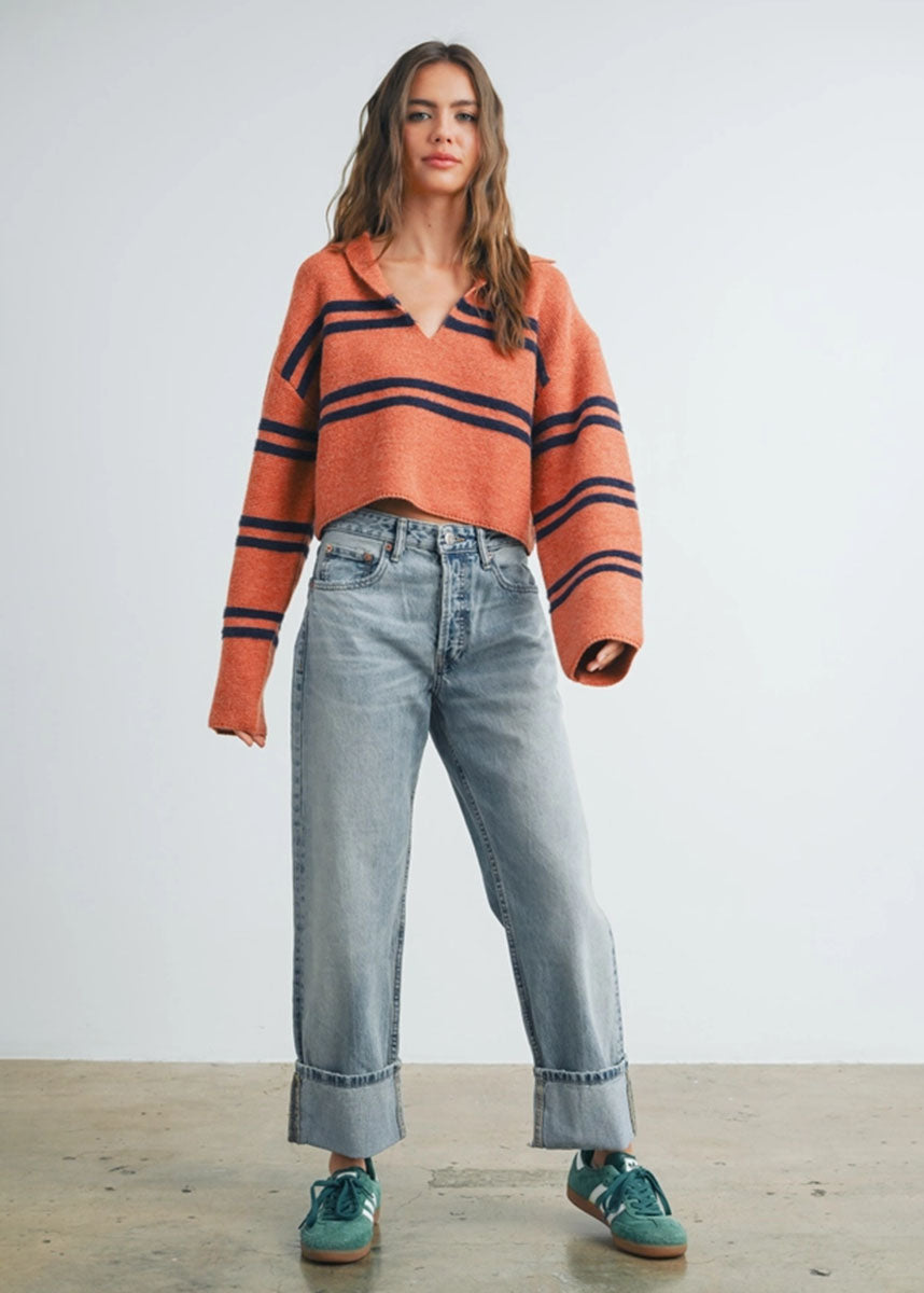 Simone Striped Crop Collar Sweater - Rust & Navy