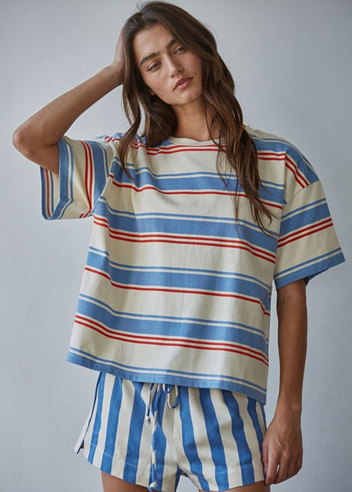 Cassius Striped Tee - Cream Blue