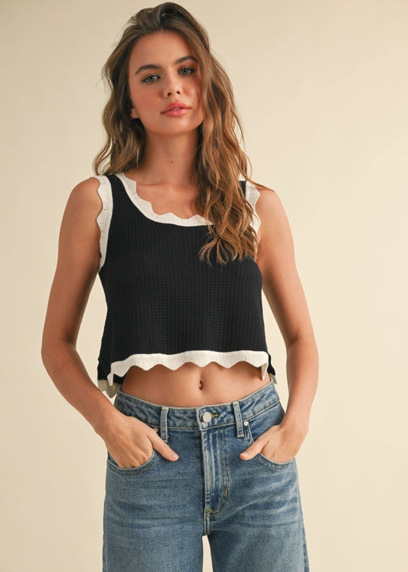 London Scallop Edge Knit Tank - Black & White