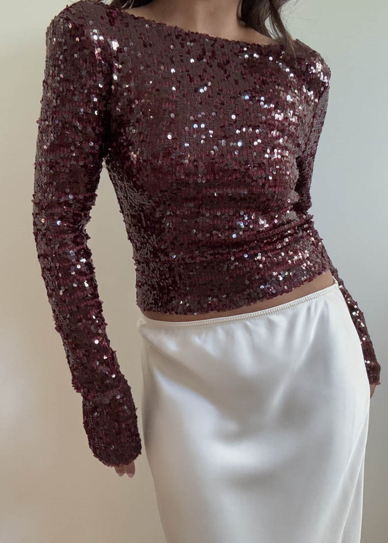 Sangria Boat Neck Sequin Top - Wine