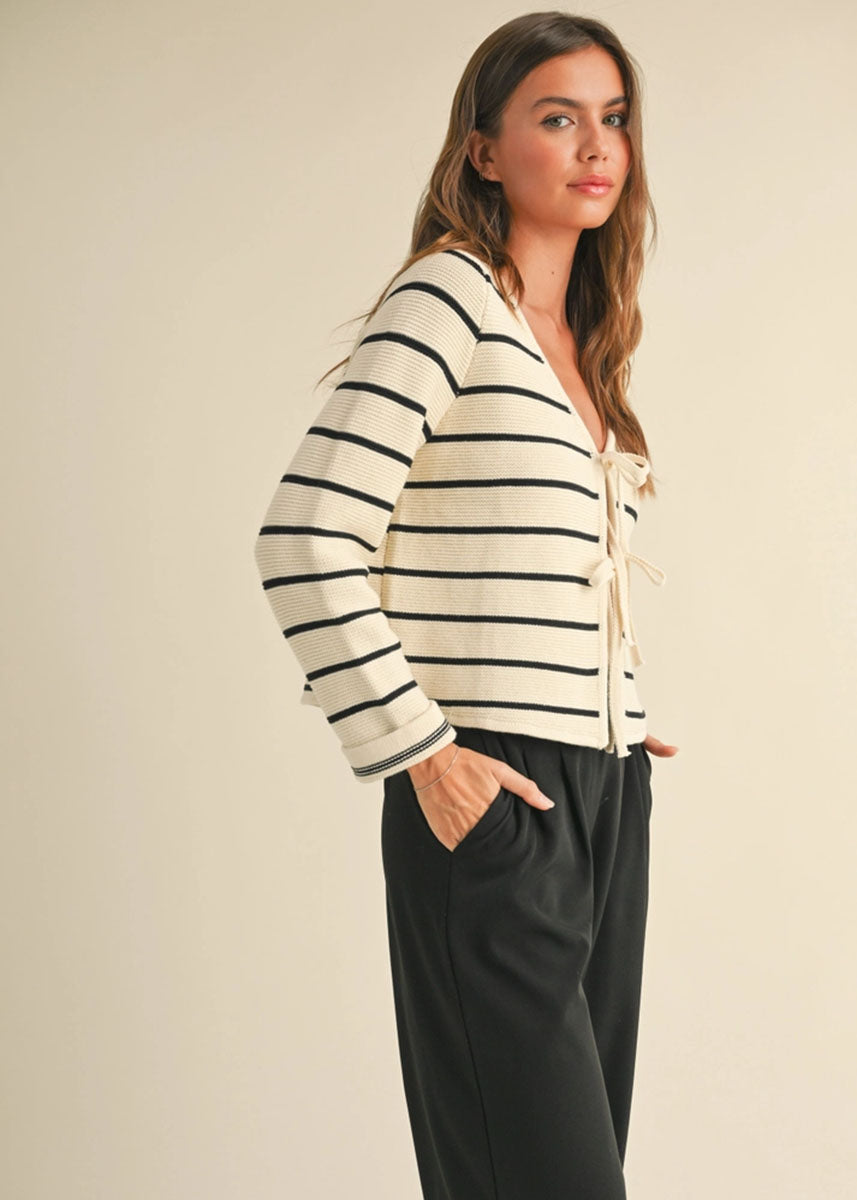 Nancy Striped Tie-Front Cardigan - White & Black