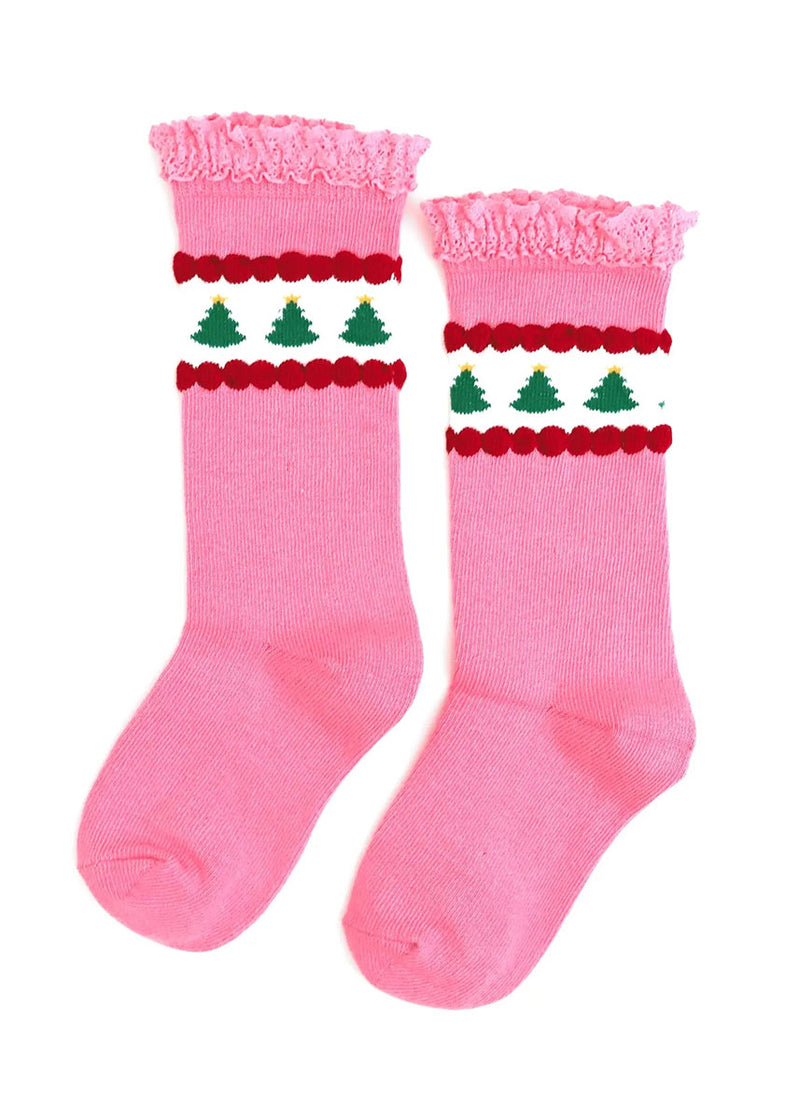 Pink Tree Lace Top Knee High Socks