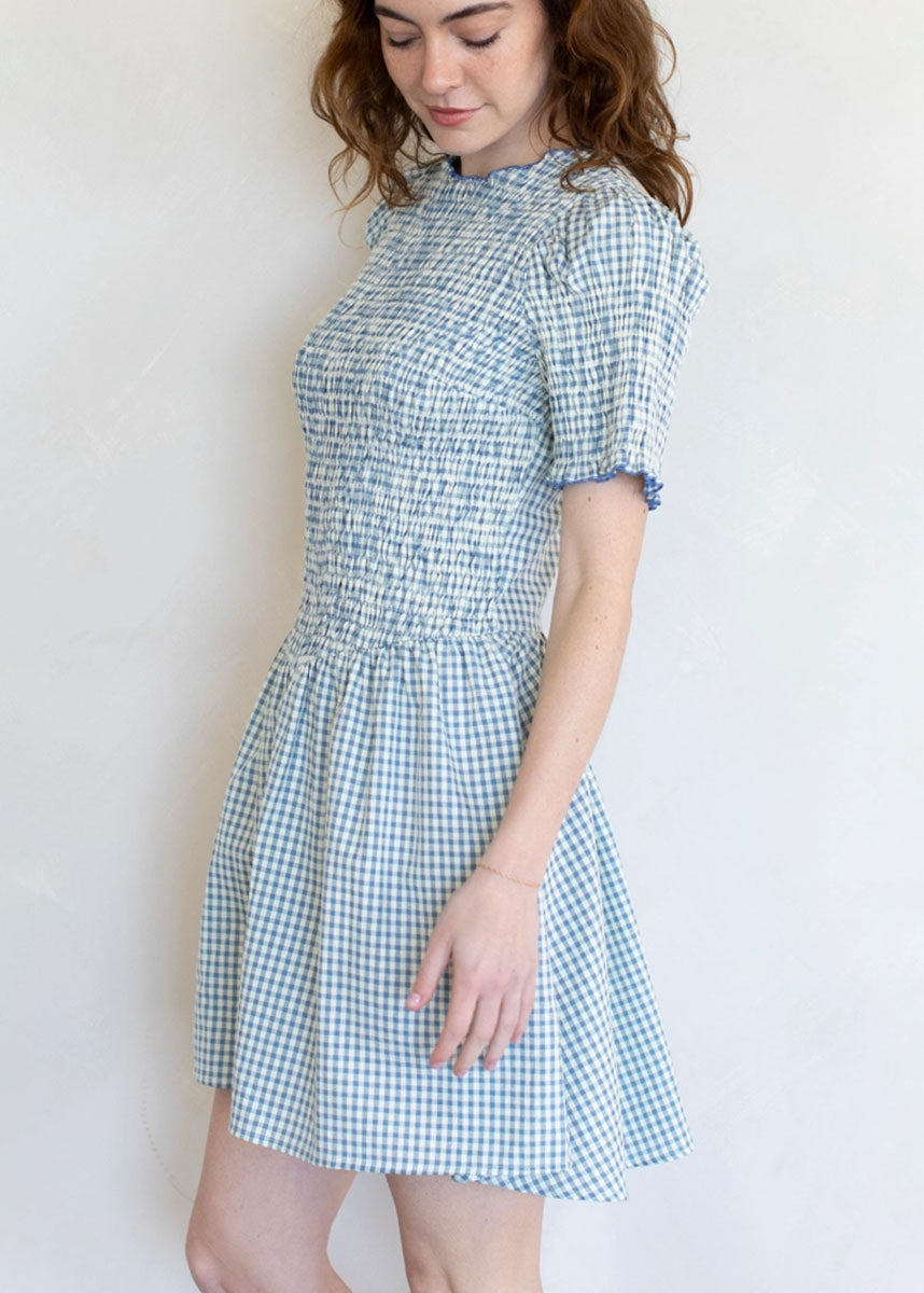 Bristol Smocked Gingham Mini Dress - Natural & Blue