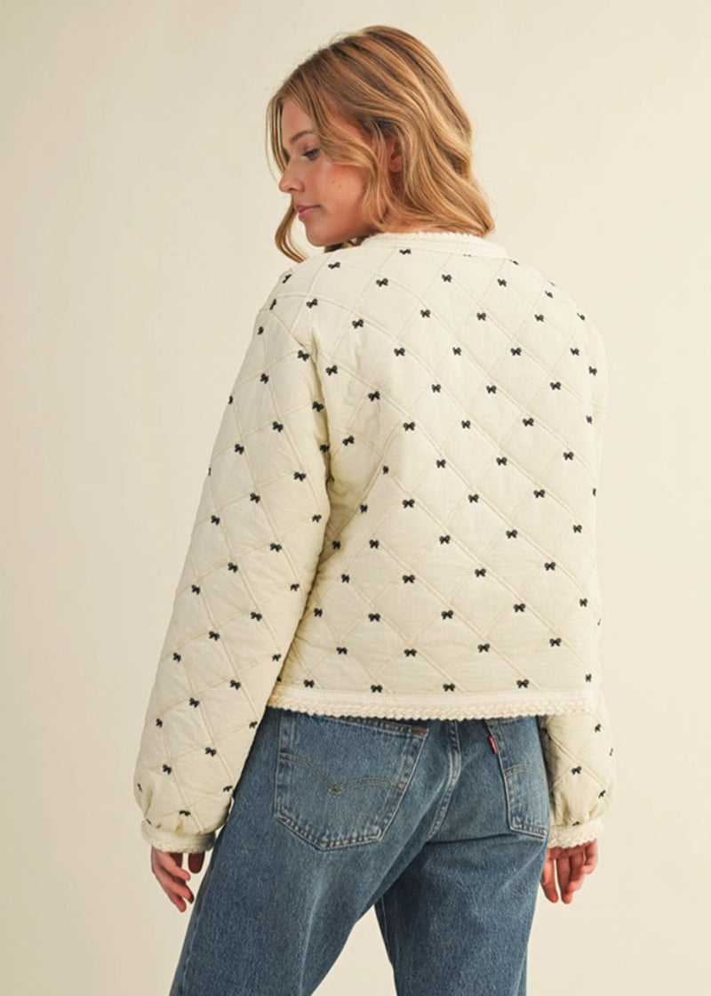 Bow Embroidered Quilted Puff Jacket - Cream