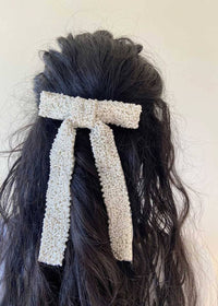 Beaded Hair Bow Clip - White Pearl