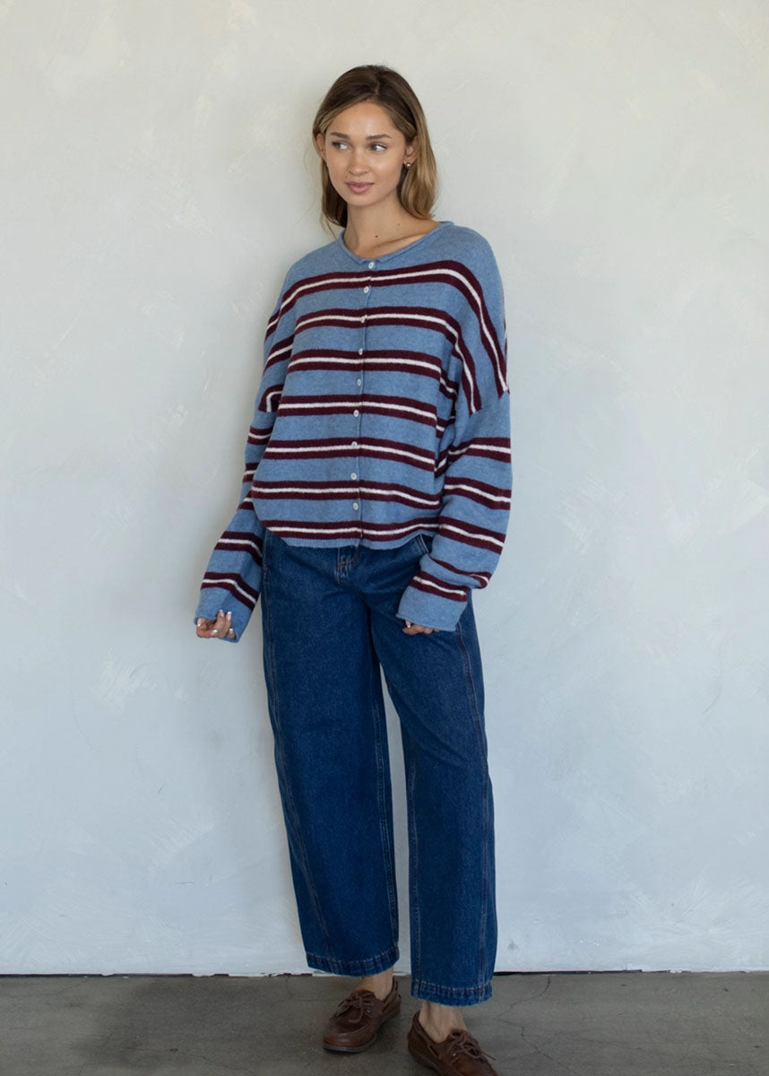 Piper Varsity Stripe Cardigan - Dusty Blue