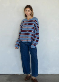 Piper Varsity Stripe Cardigan - Dusty Blue