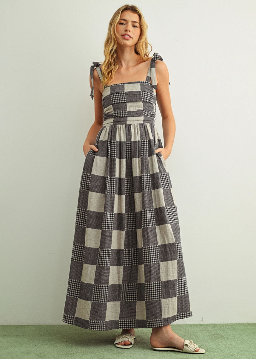 Nicole Gingham Patchwork Maxi Dress - Navy
