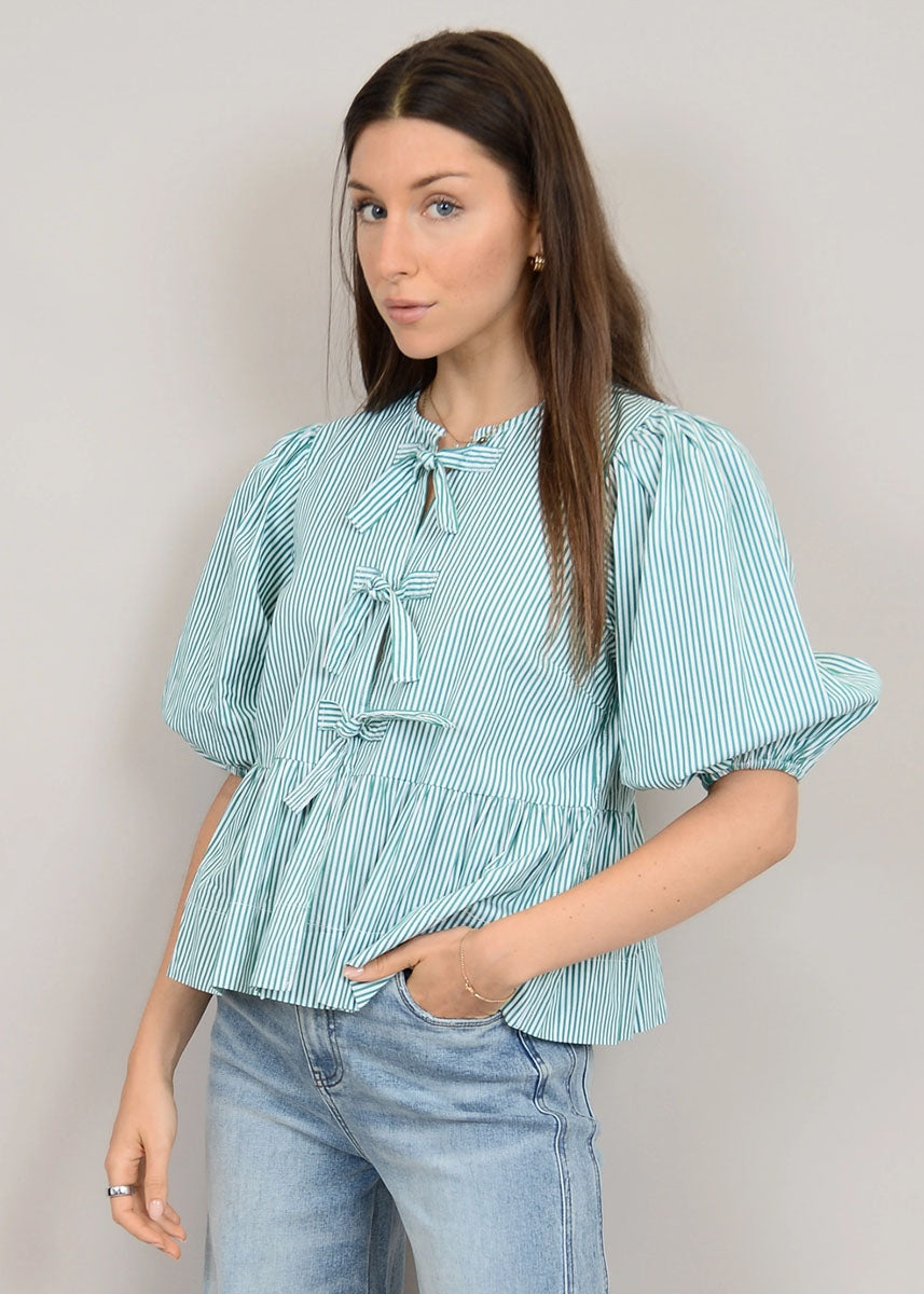 Tally Puff Tie Peplum Top - Garden Green
