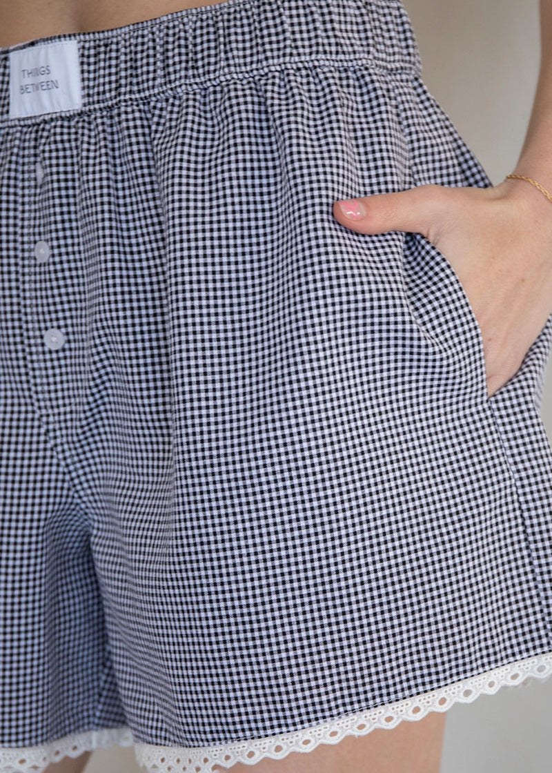 May Lace Gingham Boxer Shorts - Ivory & Black