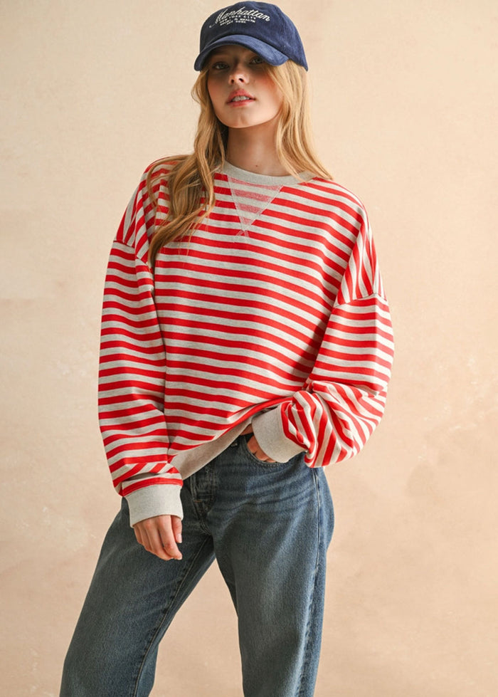 Freya Striped Knit Pullover - Red & Heather Grey